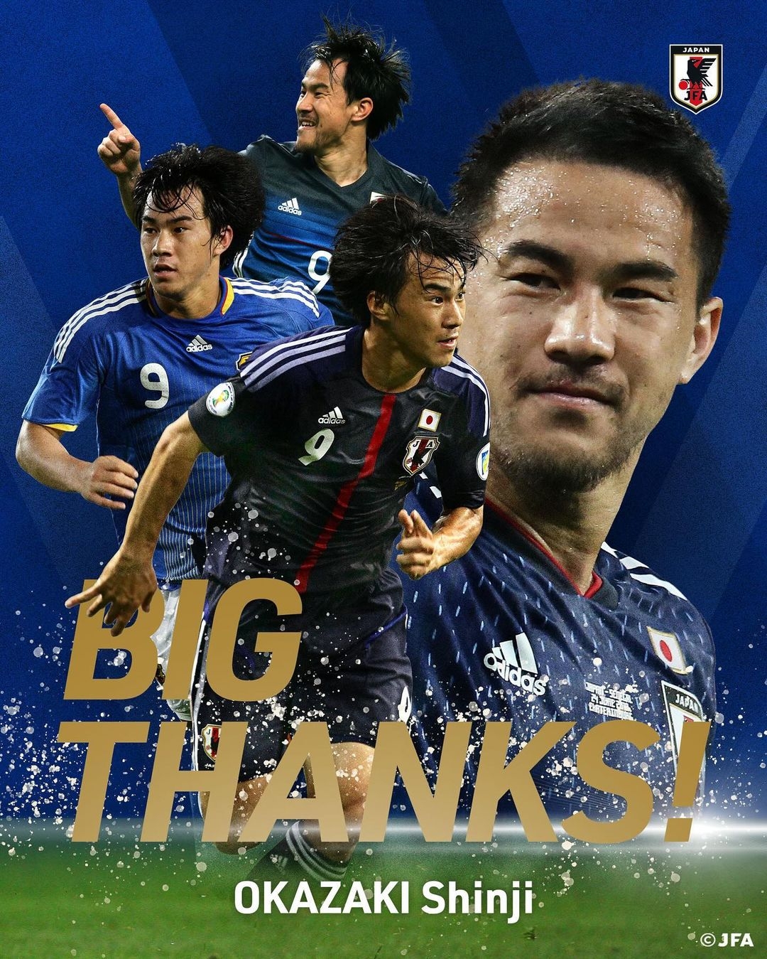 日本足协晒海报致敬冈崎慎司：日本队历史第三射手，感谢你的付出